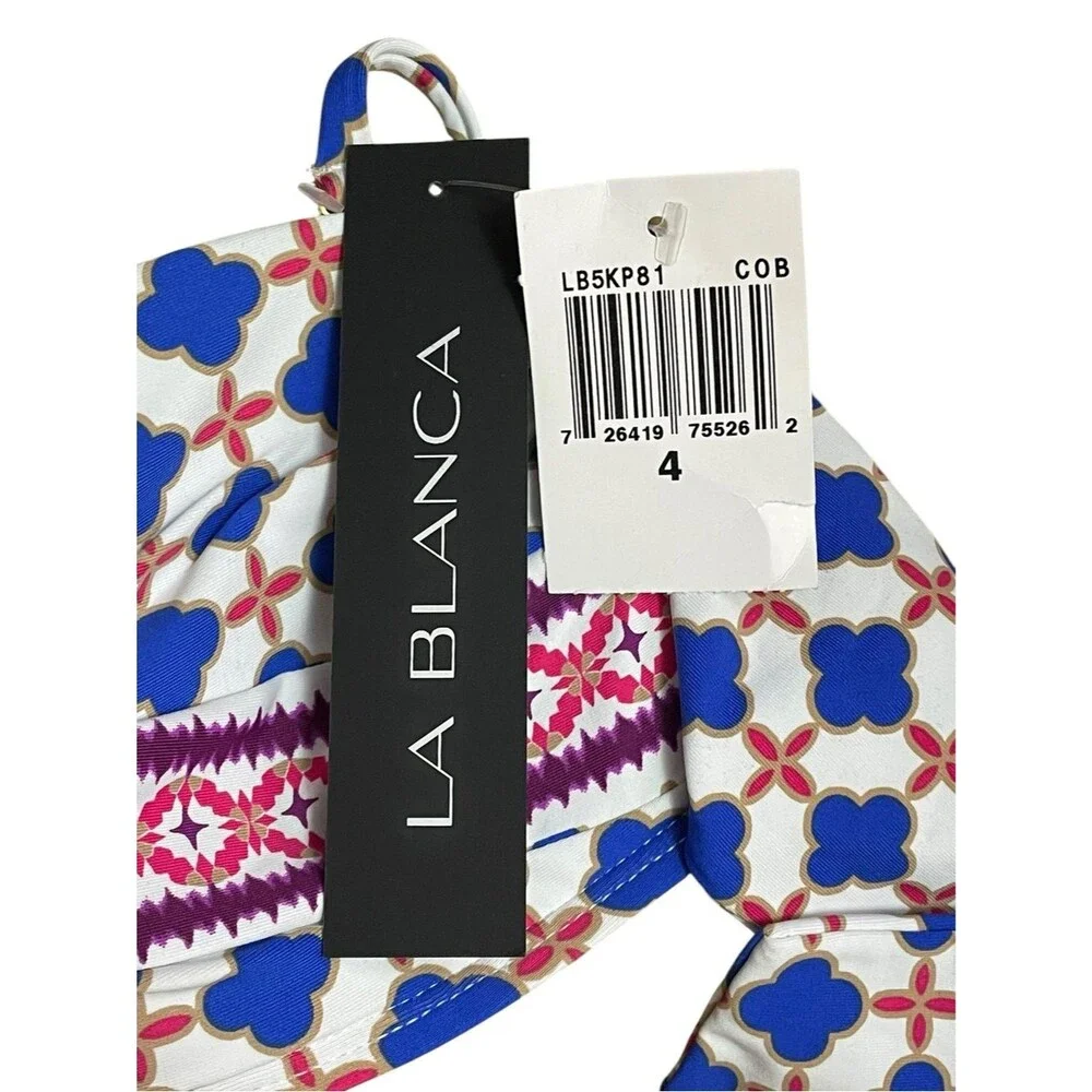 NWT La Blanca Bikini Top Size 4 Blue Pink Red Geo Halter Bandeau Twist Tie Back